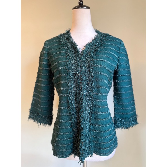 St. John Collection Jackets & Blazers - St John green Textured Fringe Jacket Blazer 6 boho classic wool preppy academia